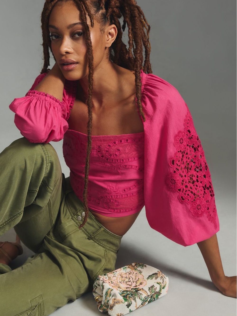 FARM Rio Pink Lace Puff sleeve Cropped Blouse